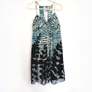 BCBG Paris Silk Turquoise/Black Abstract Print Party Dress Size 6